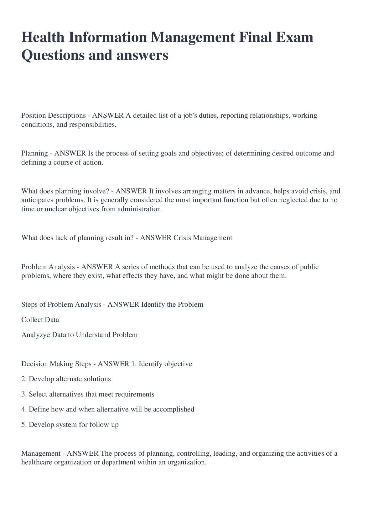 Health Information Management Final Exam Questions and answers